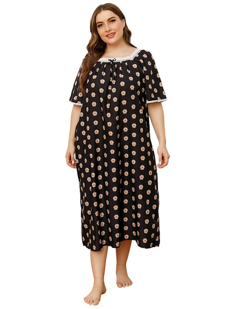 Plus Size Lace Stitching Short Sleeve Printed Nightdress for Women - Image 4