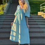 Summer French Elegant Dress Sexy Low Cut V neck Puff Sleeve High Waist Cotton Linen Dress photo review