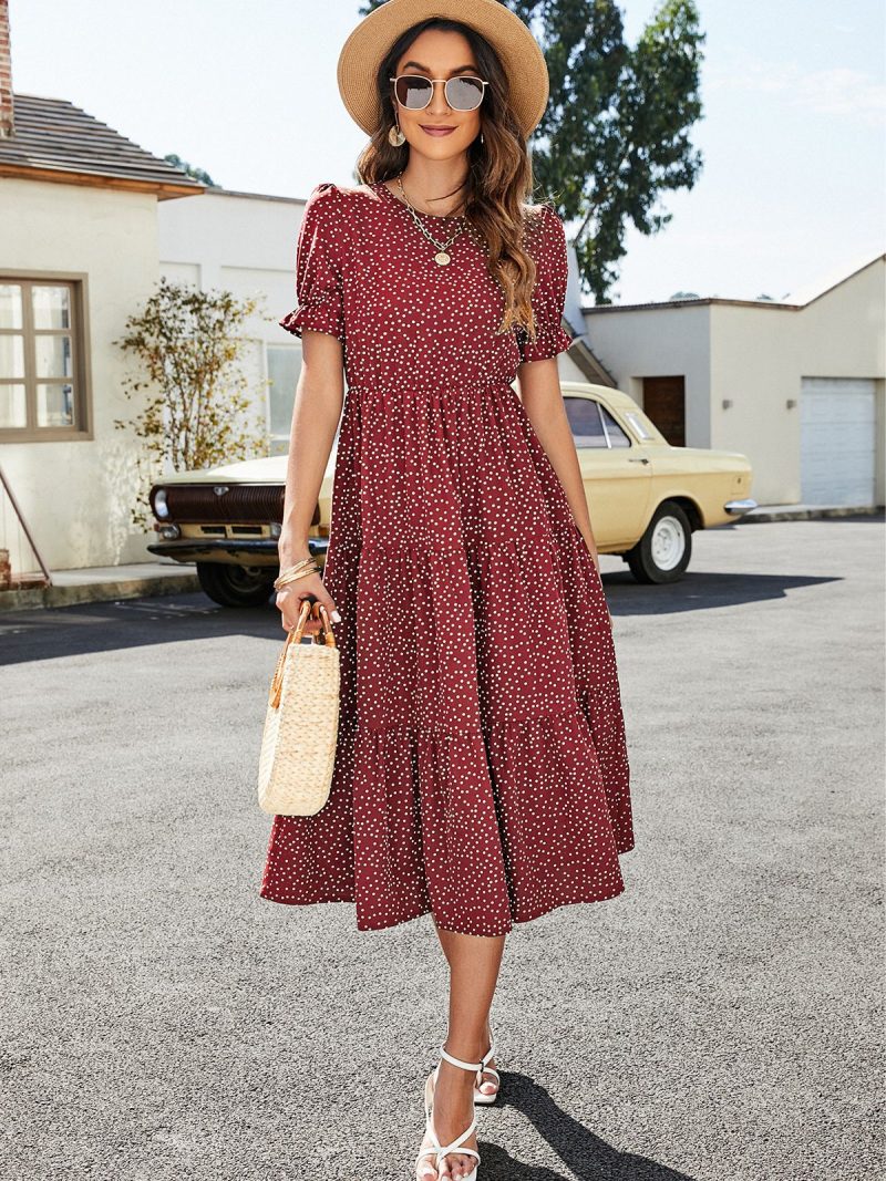 Summer Women’s Polka Dot Printed Casual Dress with Puff Sleeves - Image 2