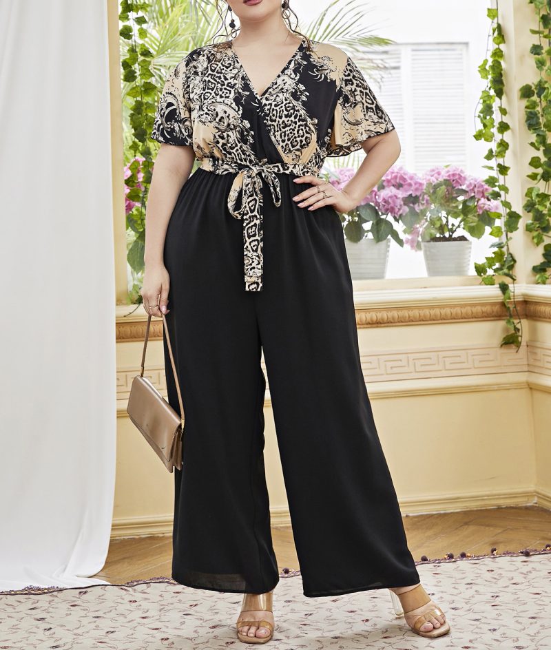 Vintage V-Neck Jumpsuit – Lace-Up Waist & Wide Leg Pants - Image 4
