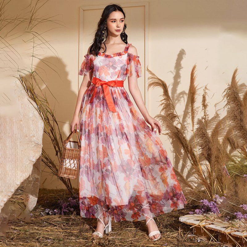 Women’s Shoulder Short Sleeve All-Matching High Waist Pleated Maxi Dress
