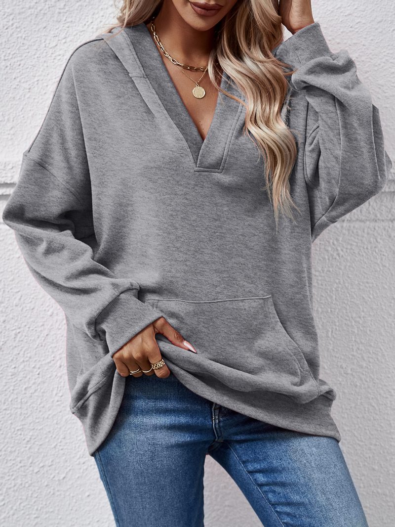 Autumn Winter Solid Color Hooded Long Sleeve Kangaroo Pocket Sweater for Women - Image 3
