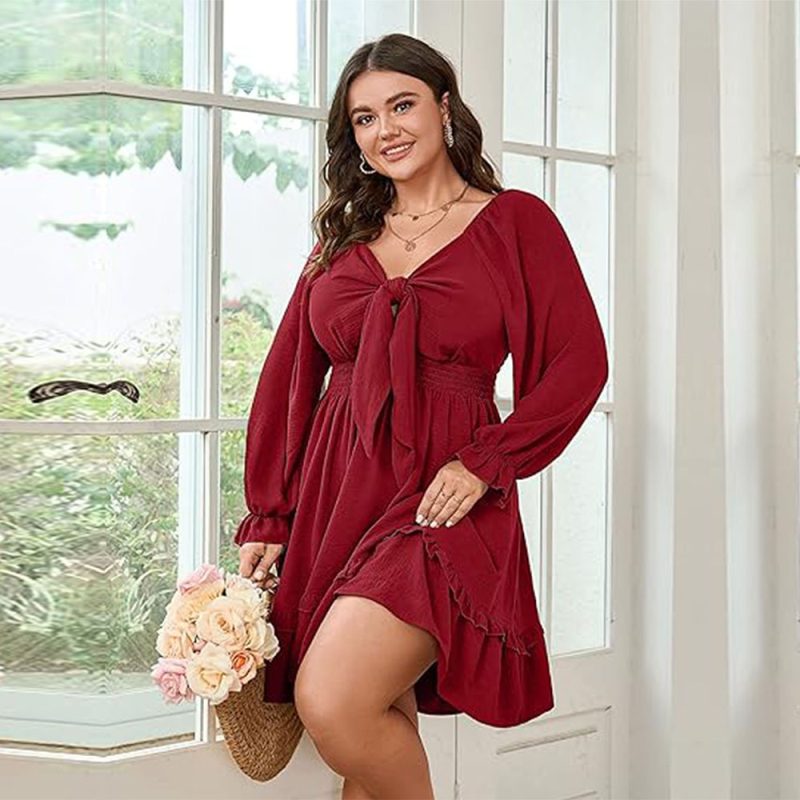 Plus Size Wine Red Midi Dress – Elegant Fall Winter Intellectual Style - Image 4
