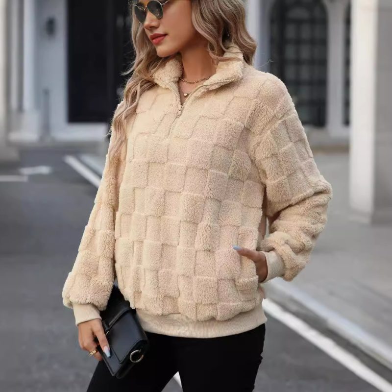 Winter Half-Zipped Stand Collar Loose Plaid Plush Pullover Sweater - Image 2