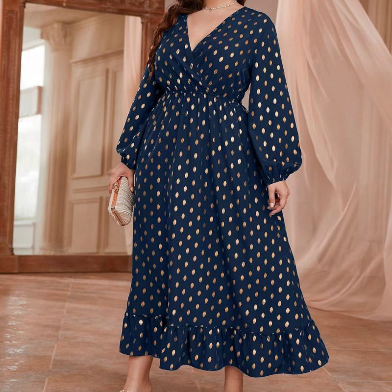 Plus Size High Waist Black Polka Dot Elastic Waist Printed Dress for Women - Image 2