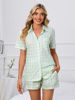 Plaid Two-Piece Shirt and Pocket Beach Swimsuit Pajamas Suit