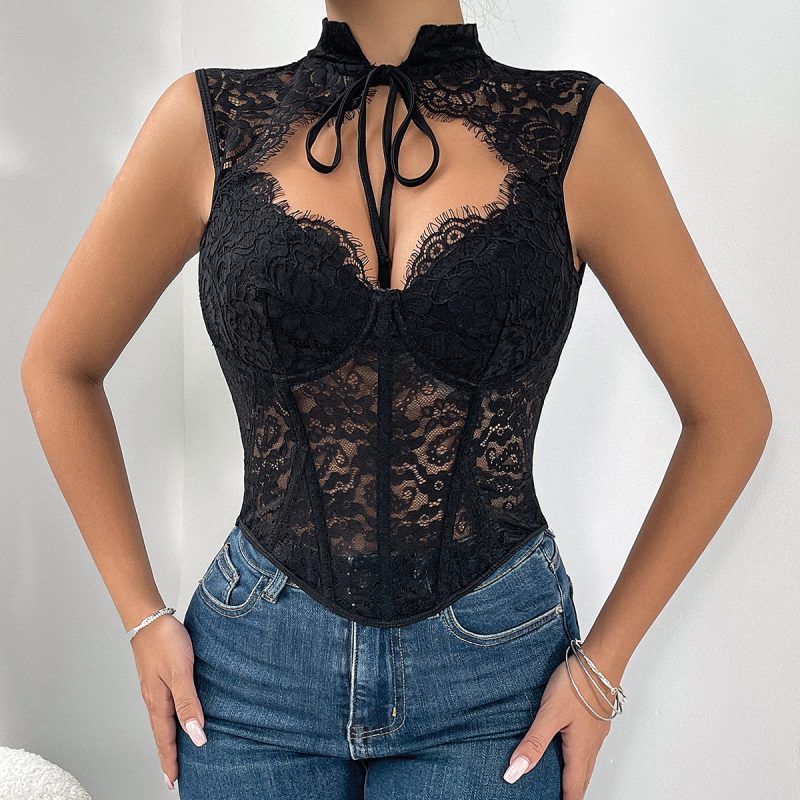 Sexy Lace Transparent Mesh Boning Corset Outerwear Vest - Image 3