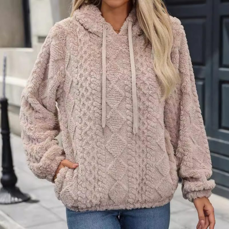 Women’s Autumn Winter Plush Jacquard Fabric Long Sleeve Loose Hooded Pullover Sweater - Image 3