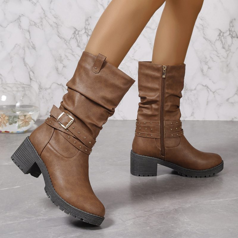 Brown Pleated Side Zipper Rivet Mid-Calf Chunky Heel Casual Boots for Women - Image 4