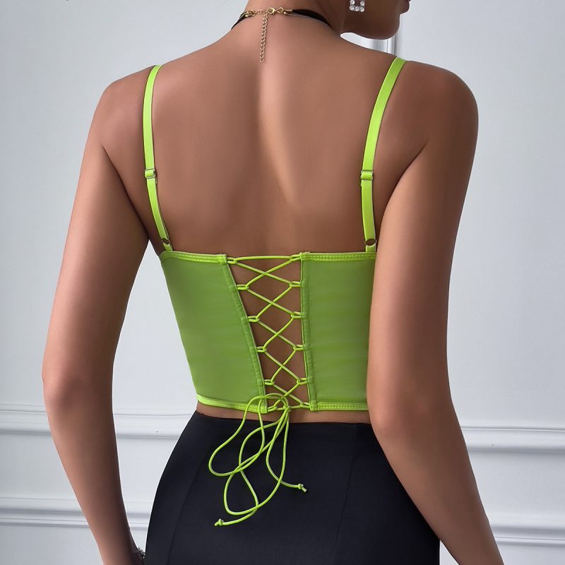 Fluorescent Satin Lace Deep V Plunge Bandage Party Camisole - Image 4