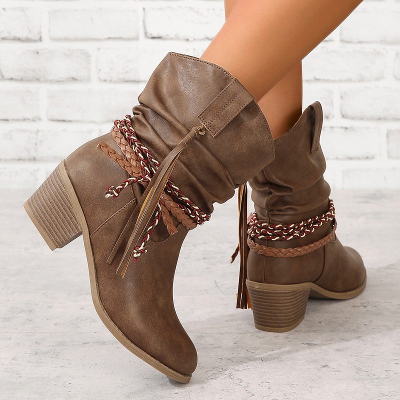 Women's Tassel Boots with Chunky Heels and Round Heads - Image 3