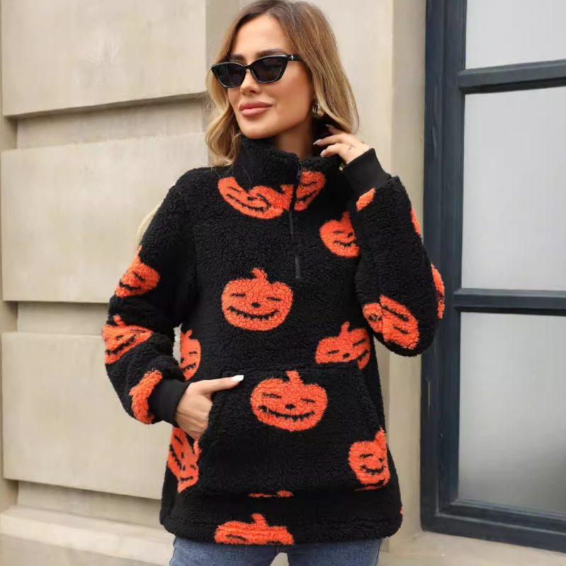 Women’s Autumn Winter Halloween Pumpkin Printed Half Zipper Plush Pullover Sweater - Image 4