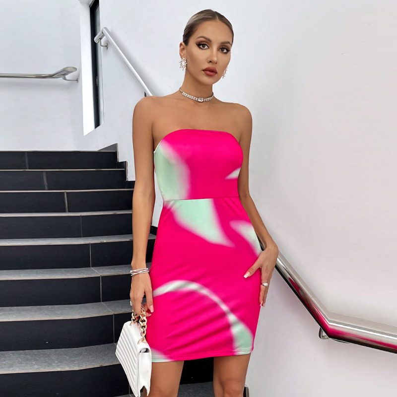 Tube Top Backless Off-Neck Printed Slim Fit Sheath Sexy Dress - Image 2