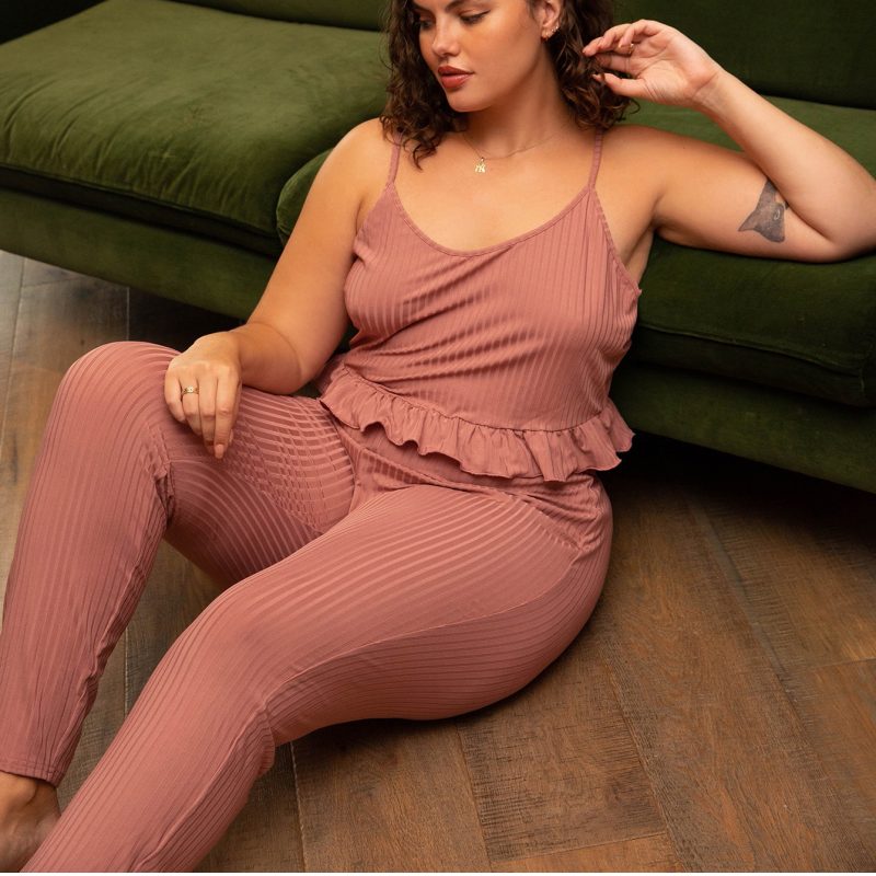 Sunken Stripe Rib Pajama Set with Suspenders and Trousers - Image 2