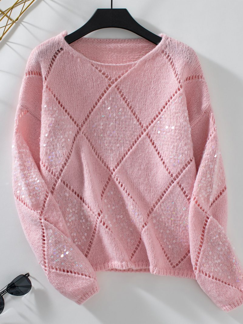 Womens Hollowed Out Sequined Sweater - Loose Rhombus Pullover - Image 5