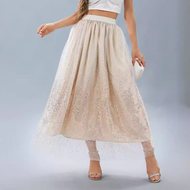 Spring Summer Women’s Flash Velvet High Waist Pleated Gradient Mesh Sequin Skirt