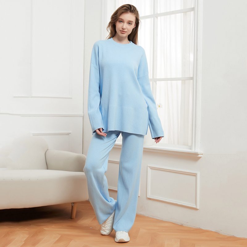 Solid Color Round Neck Loose Casual Sweater and Trousers Two-Piece Set for Women - Image 4