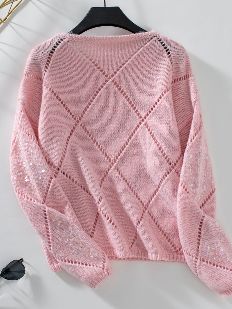 Womens Hollowed Out Sequined Sweater - Loose Rhombus Pullover - Image 6