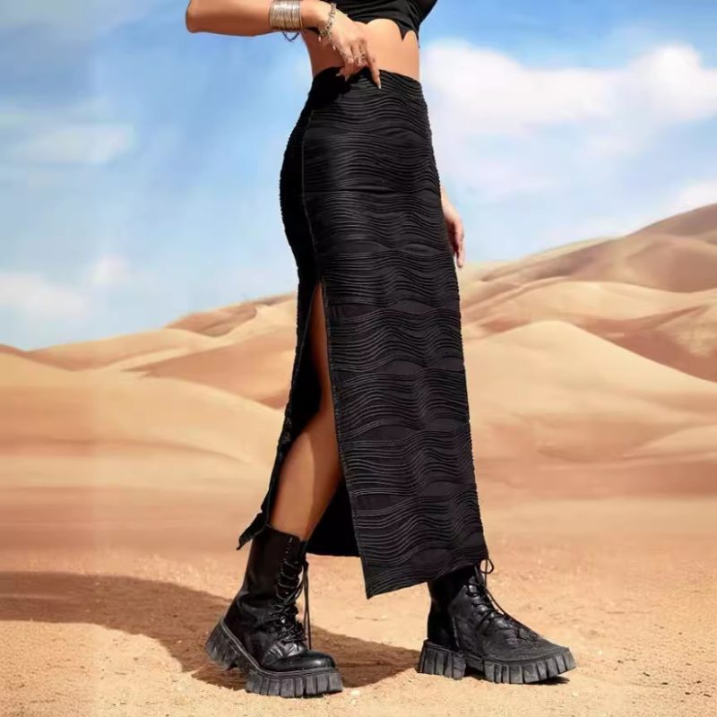 Water Ripple High Waist Slit Sheath Skirt for Summer