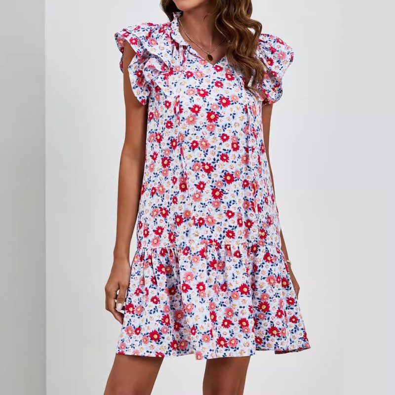 Printed V-Neck Sleeveless Dress - Ruffled Knee-Length with Pockets - Image 2