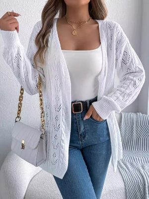 Casual Solid Color Hollow Out Cutout Long-Sleeve Cardigan Sweater Coat for Women