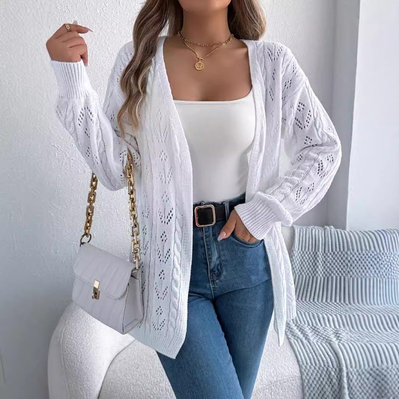 Casual Solid Color Hollow Out Cutout Long-Sleeve Cardigan Sweater Coat for Women