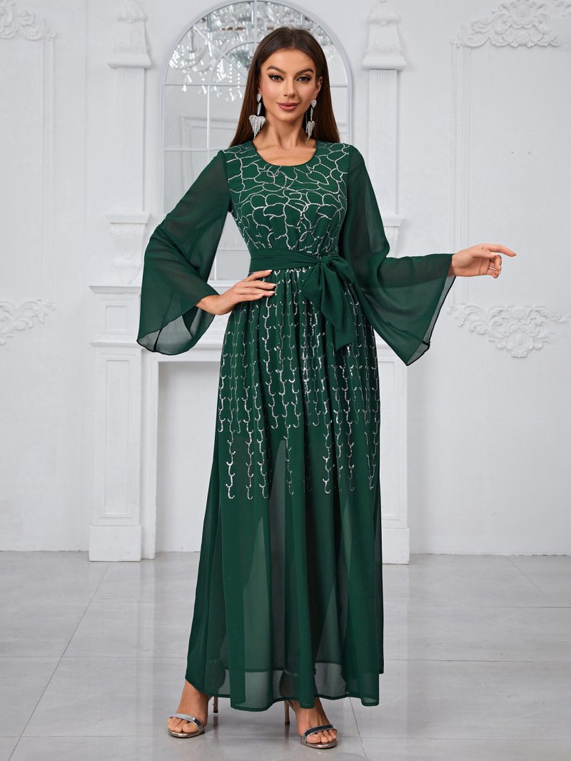 Casual Sequined Chiffon Dress with Lace-Up Long Sleeves - Image 2
