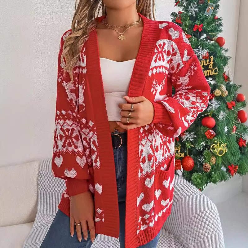 Christmas Deer Pocket Long Sleeve Cardigan Sweater Coat for Women - Image 2