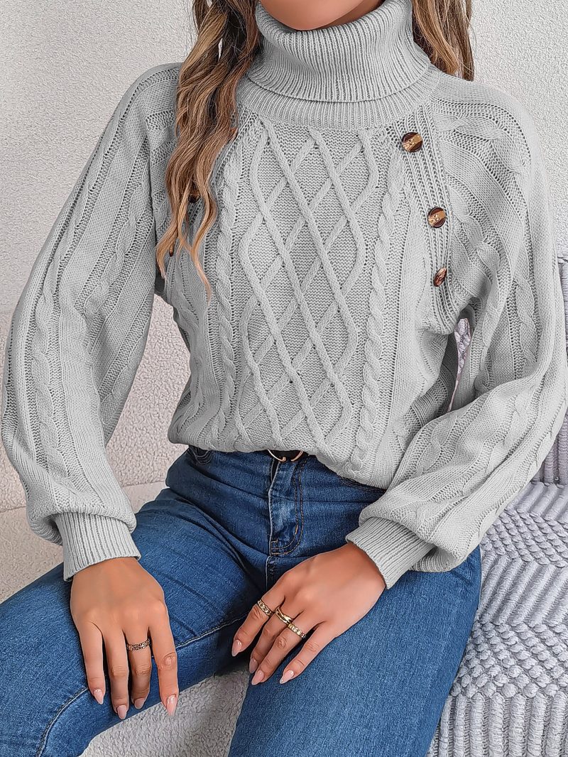 Casual Solid Color Cable Knit Turtleneck Lantern Sleeve Sweater - Image 5