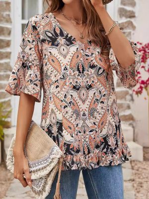 Summer Women’s V-Neck Printed Casual T-Shirt with Bell Sleeves