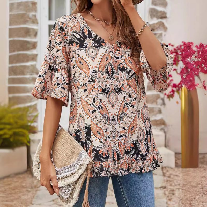 Summer Women’s V-Neck Printed Casual T-Shirt with Bell Sleeves
