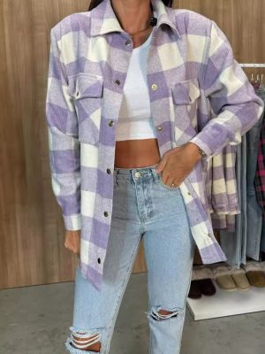 Autumn Single-Breasted Plaid Shacket with Long Sleeves for Women