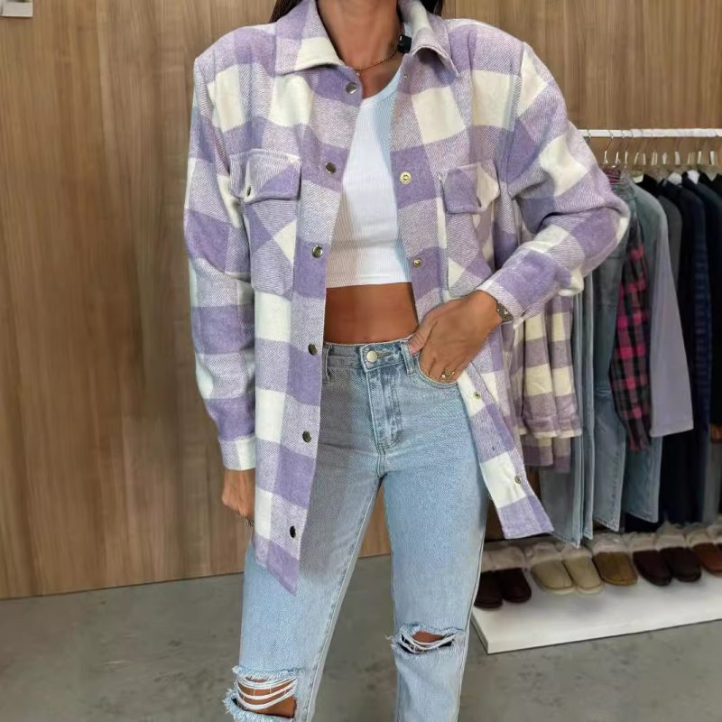 Autumn Single-Breasted Plaid Shacket with Long Sleeves for Women