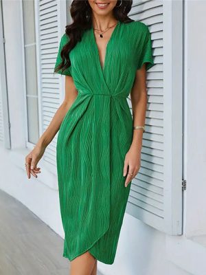 Women’s High-Grade Solid Color V-Neck Water Ripple Maxi Dress