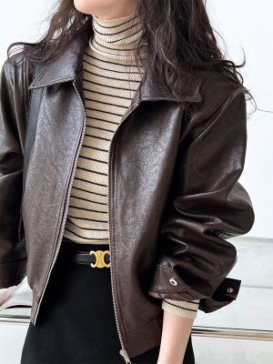 Retro Brown Faux Leather Motorcycle Jacket for Women