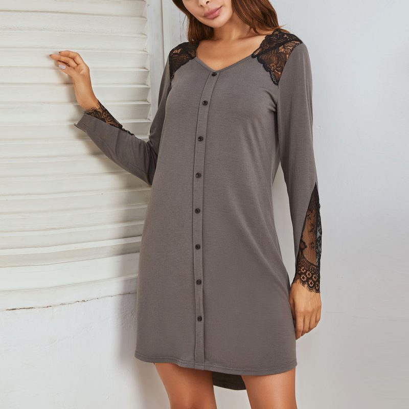 Long Sleeve Lace Stitching Mock Fly Imitation Cotton Nightdress for Women - Image 3