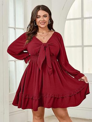 Plus Size Wine Red Midi Dress – Elegant Fall Winter Intellectual Style