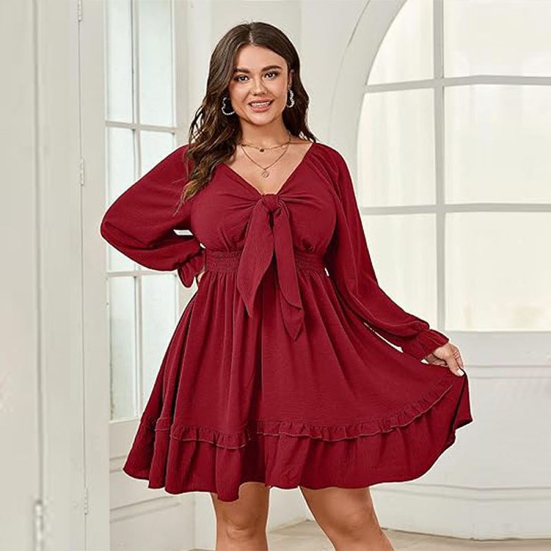 Plus Size Wine Red Midi Dress – Elegant Fall Winter Intellectual Style