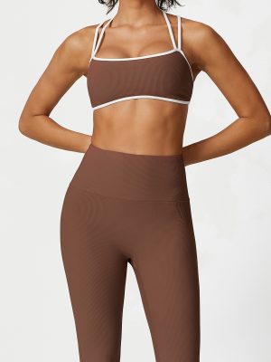 Ribbed Contrast Color Sports Tights – Shockproof Push-Up Set