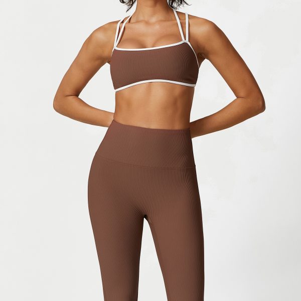 Ribbed Contrast Color Sports Tights – Shockproof Push-Up Set