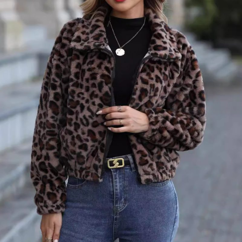 Women’s Autumn Winter Leopard Print Plush Coat with Zip and Long Sleeves - Image 4