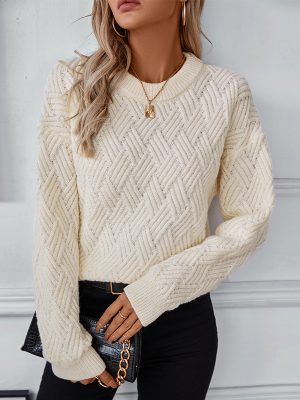 Women’s Solid Color Twist Weave Sweater – Retro Crew Neck