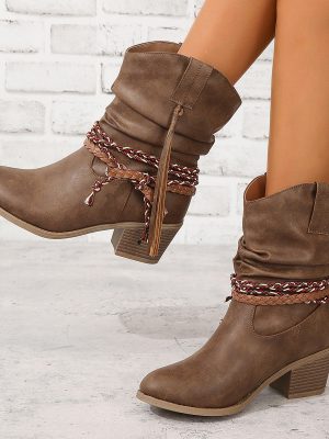 Women’s Tassel Boots with Chunky Heels and Round Heads