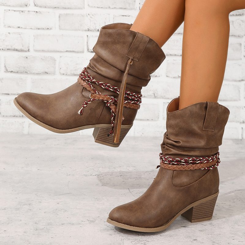 Women's Tassel Boots with Chunky Heels and Round Heads