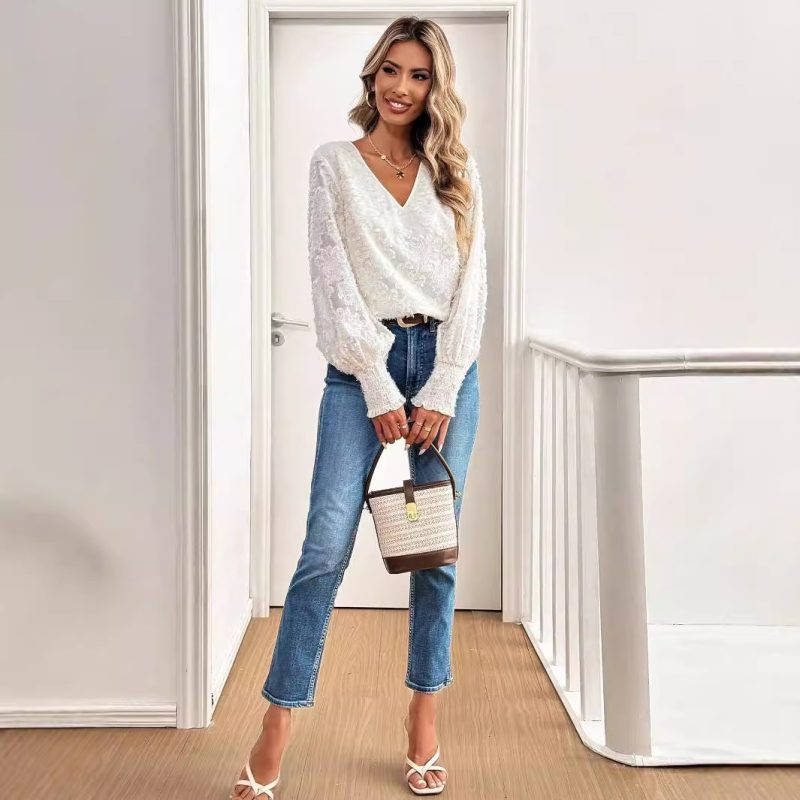 Elegant V-Neck Embroidered Lantern Sleeve White Shirt for Women - Image 3