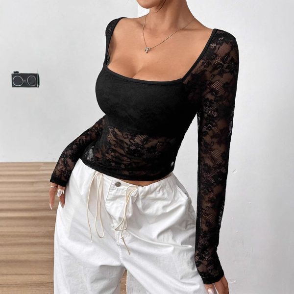 Elegant Lace U-Collar Top – Asymmetric Hem Long Sleeve Design - Image 4