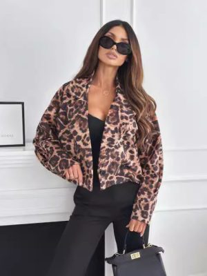 Autumn Winter Leopard Print One-Button Long Sleeve Short Coat for Women