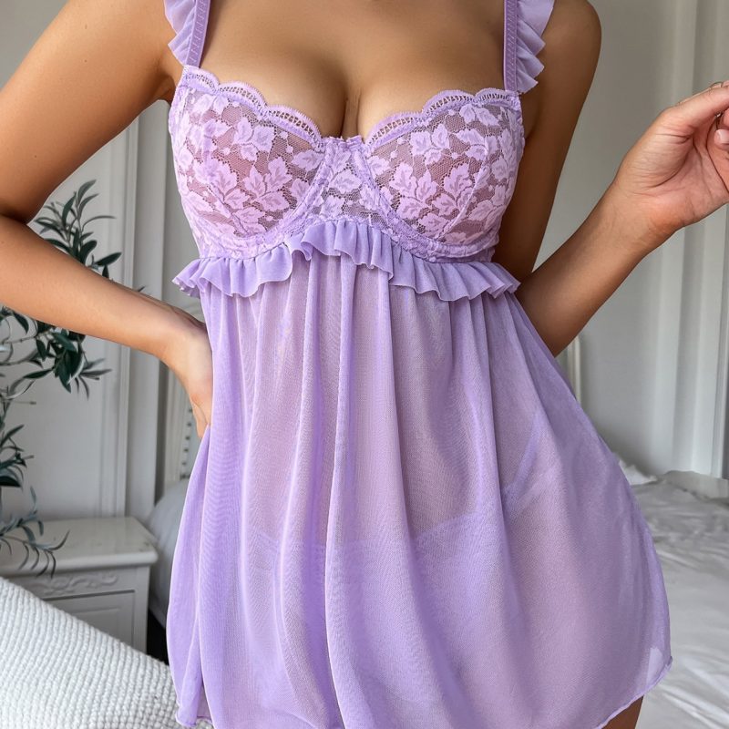 Lace Floral Mesh Bra – Sexy See-Through Design with Steel Ring - Image 2