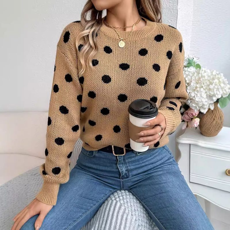 Casual Contrast Color Polka Dot Long Sleeve Pullover for Women - Image 2