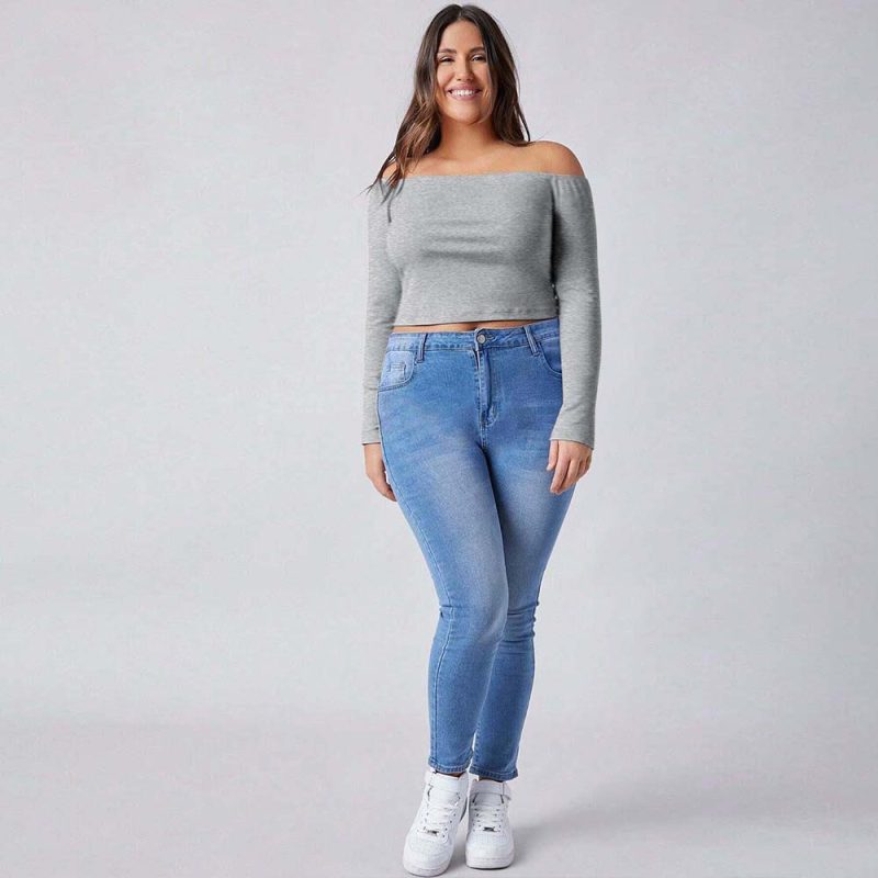 Plus Size Off-Neck Long Sleeve T-Shirt for Women - Slim Fit - Image 3